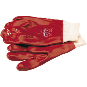 Draper Wet Work Gloves, Extra Large - PVCGA from Draper, with red rubber material and white cuffs, stacked on top of each other. Markings indicating EN388.3121 compliance are visible on the surface of one glove.