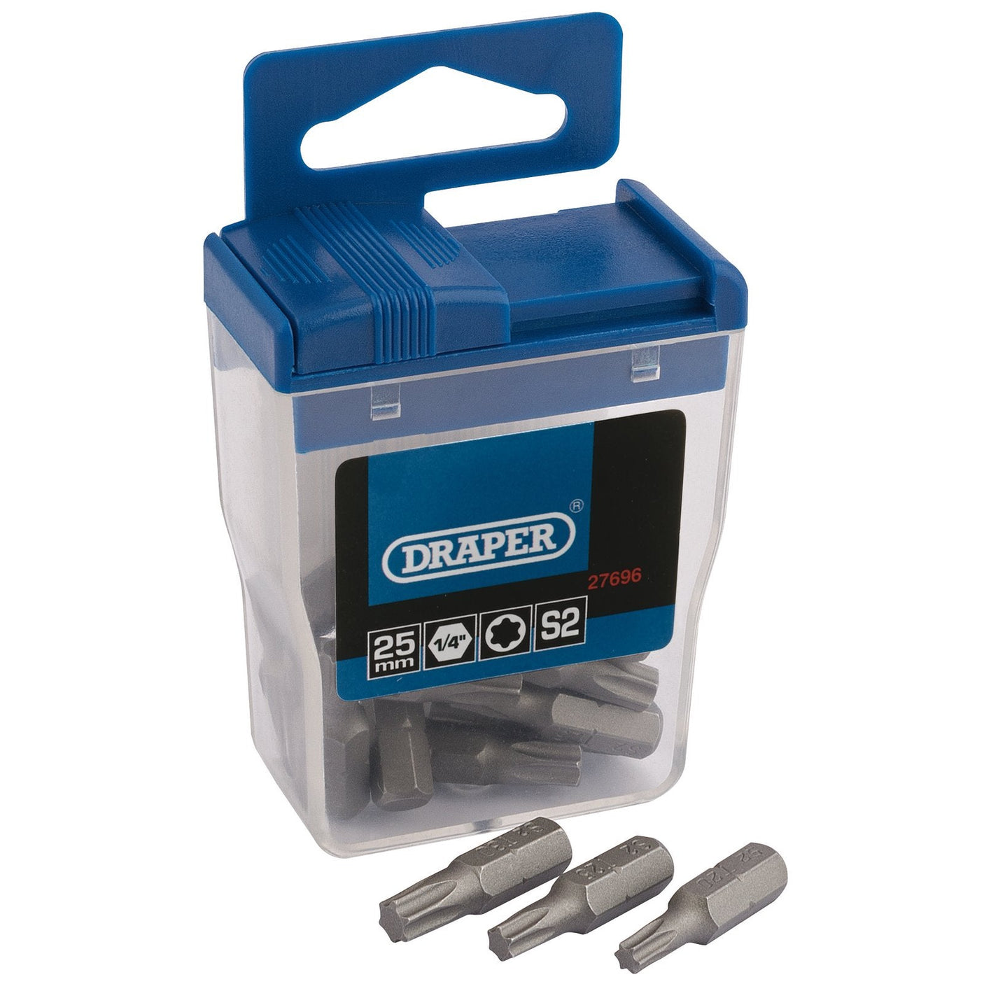 A plastic case with a blue lid containing Draper Tx-Star® Assorted Long Insert Bits (20 pieces). Three of the 25mm, 1/4 inch S2 steel bits are placed in front of the case, making them ideal for Torx fixing systems. The product is branded under Draper with the code TX/20TTC/C.