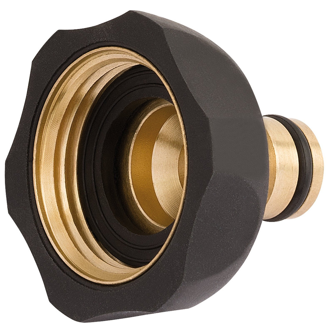 Close-up of the high quality Draper Brass And Rubber Tap Connector, 1" (model GWBR-TC-1), with a black plastic grip and rubber overmolding, showcasing the threaded interior and rubber gasket.