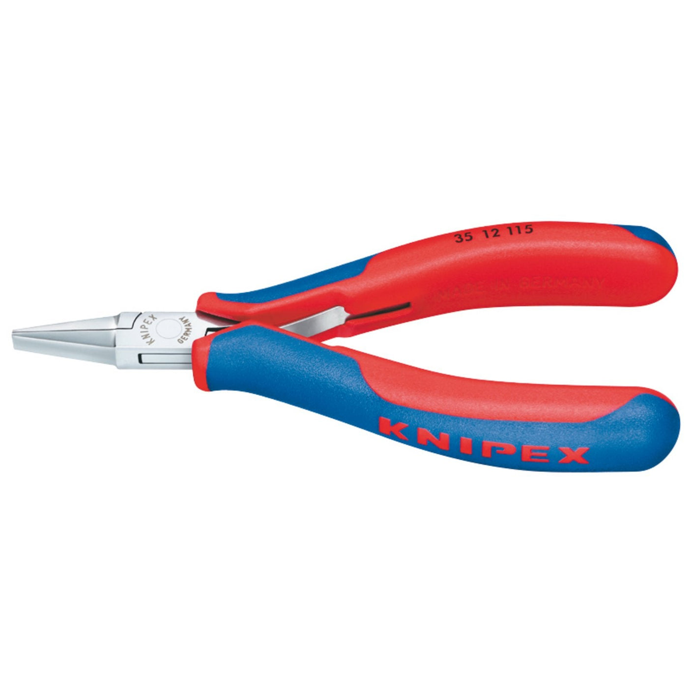 Close-up of Draper Knipex 35 12 115 Electronics Flat Jaw Pliers, featuring blue and red handles and designed for precise gripping and manipulation. These 115mm professional-quality tools feature a precision box joint for enhanced stability and meet DIN ISO 9655 standards.