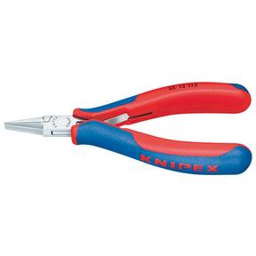 Close-up of Draper Knipex 35 12 115 Electronics Flat Jaw Pliers, featuring blue and red handles and designed for precise gripping and manipulation. These 115mm professional-quality tools feature a precision box joint for enhanced stability and meet DIN ISO 9655 standards.