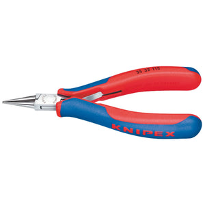 A pair of Draper Knipex 35 32 115 Electronics Pointed-Round Jaw Pliers, measuring 115mm, with precision box joint and red and blue cushion-grip handles, used for bending wire and other tasks. This professional quality product is marked "Made in Germany.