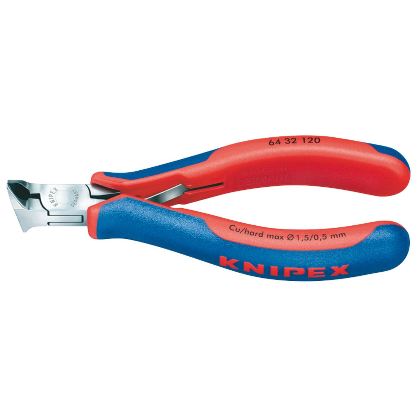 A pair of Draper Knipex 64 32 120 Electronics Oblique End Cutting Nippers, featuring a red and blue design, with a maximum cut dimension of 1.5mm, 0.5mm, and 0mm, including a precision box joint for enhanced stability and durability.