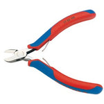 A pair of Draper Knipex 77 22 115 Full Flush Electronics Diagonal Cutters, featuring a spring mechanism and the model number "77 22 115" on the handle; these 115mm cutters are part of our professional quality tools collection, ensuring precision cuts every time.