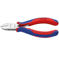 A pair of Draper Knipex 77 02 130 Bevelled Electronics Diagonal Cutters, featuring red and blue handles and a metallic cutting head with precision box joint construction for superior durability.