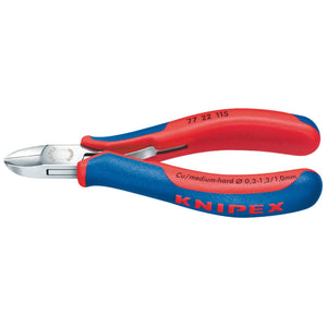 A pair of red and blue Draper Knipex 77 22 130 Flush Electronics Diagonal Cutters, measuring 130mm, featuring flush cutting jaws for precision. These professional-quality tools are suitable for cutting copper and medium-hard wires.