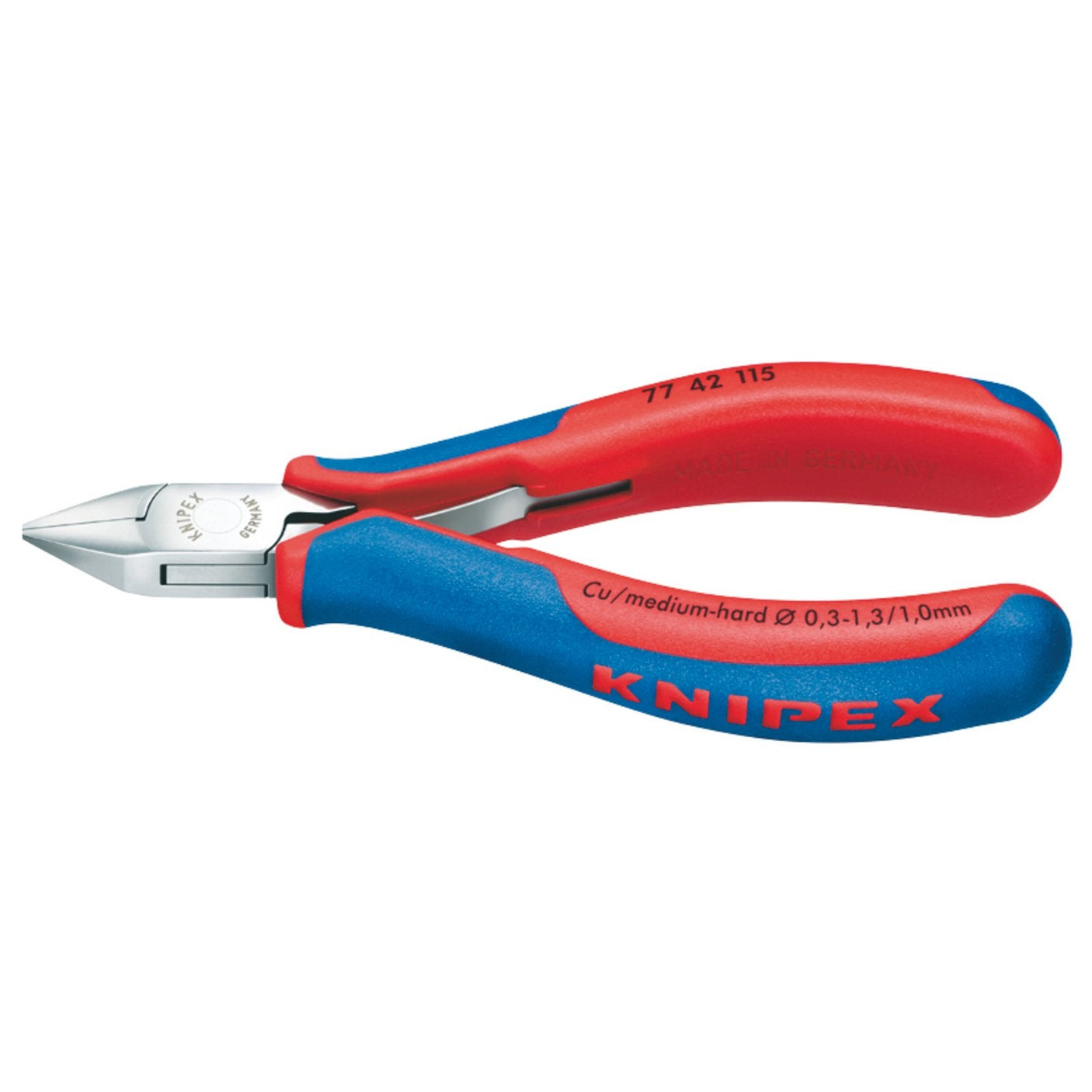 A pair of Draper Knipex 77 42 115 Full Flush Electronics Diagonal Cutting Nippers with a blue and red cushion-grip handle, designed for precise cuts on copper and medium-hard wire up to specified diameters.