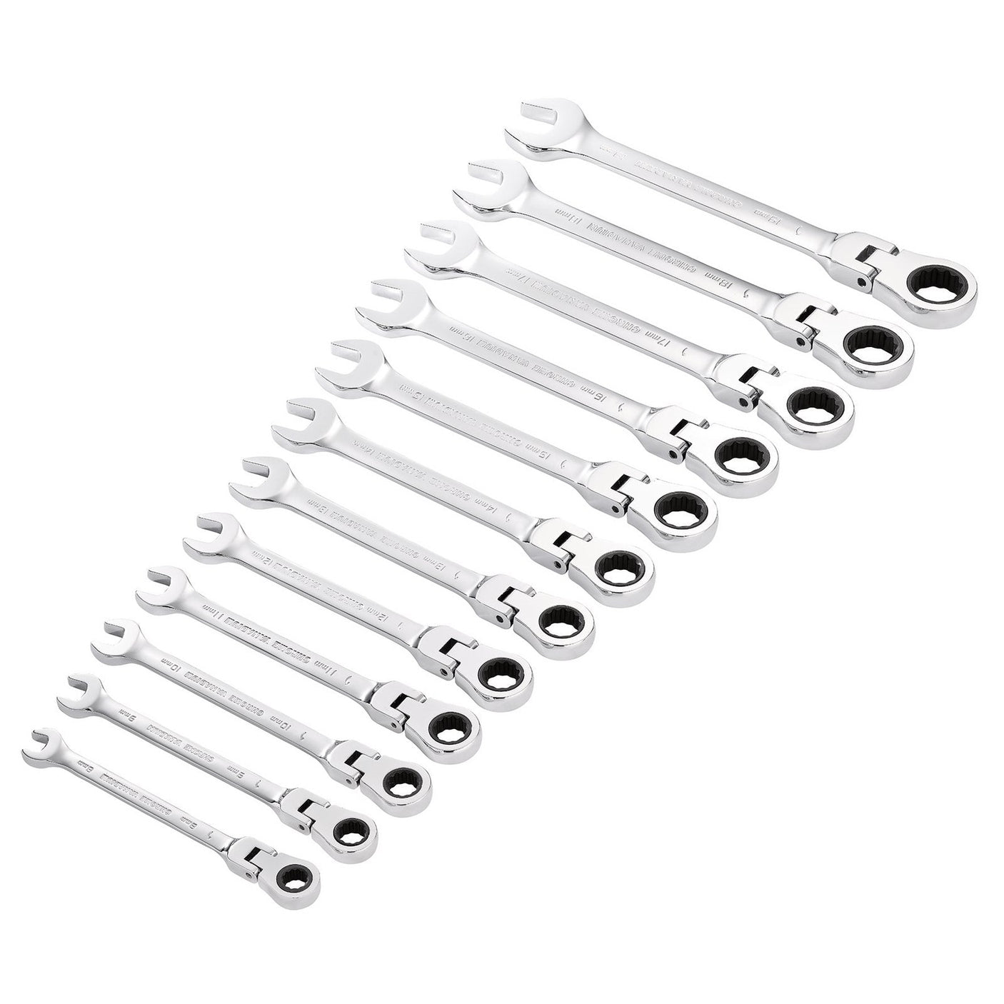 A set of twelve Draper Hi-Torq® Metric Flexible Head Ratchet Combination Spanners (8230FMM/12), featuring ratcheting box ends and made from durable chrome vanadium steel, arranged in ascending order from smallest to largest.