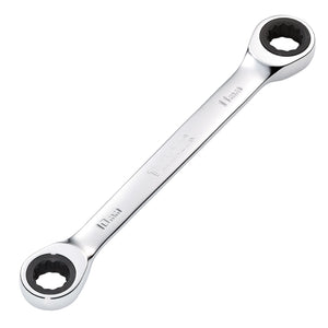 The Draper Hi-Torq® Metric Double Ratchet Ring Spanner, 10 X 11mm - 8231BSMM, features two different sizes on each end (10mm and 11mm) and is crafted from polished chrome vanadium steel. This spanner also includes a precise 90-tooth ratchet mechanism for efficient work.