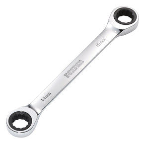 A Draper Hi-Torq® Metric Double Ratchet Ring Spanner, labeled with "14 mm" on one end and "15 mm" on the other, featuring "DRAPER" imprinted in the center of the handle.