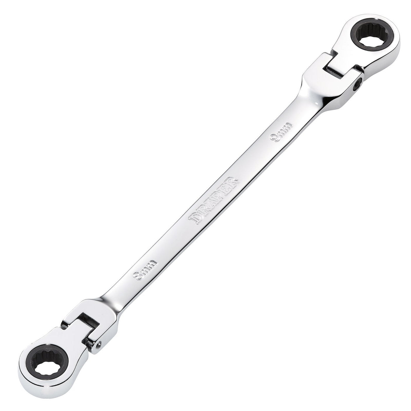 The Draper Hi-Torq® Metric Flexible Head Double Ring Ratchet Spanner, 8 X 9mm - 8231FBSMM, features heads measuring 8 mm and 9 mm. It is crafted from durable chrome vanadium steel with a polished chrome finish, and includes a robust 90-tooth ratchet mechanism for precise work.