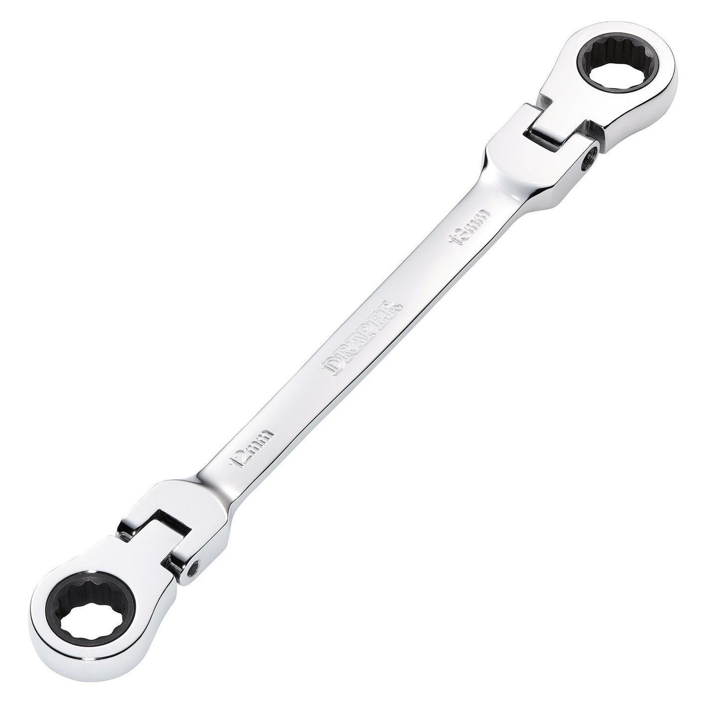 The Draper Hi-Torq® Metric Flexible Head Double Ring Ratchet Spanner, 12 x 13mm (model number 8231FBSMM), features a double-ended design with pivoting flexible heads, a chrome finish, and is crafted from durable chrome vanadium steel.