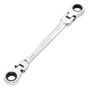 The Draper Hi-Torq® Metric Flexible Head Double Ring Ratchet Spanner, 12 x 13mm (model number 8231FBSMM), features a double-ended design with pivoting flexible heads, a chrome finish, and is crafted from durable chrome vanadium steel.