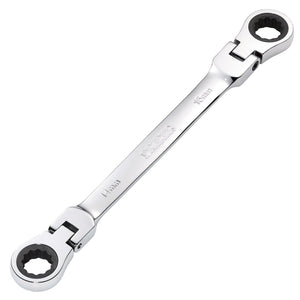 The Draper Hi-Torq® Metric Flexible Head Double Ring Ratchet Spanner, 14 x 15mm - 8231FBSMM, features double-ended ratcheting heads that pivot flexibly and are crafted from durable chrome vanadium steel.