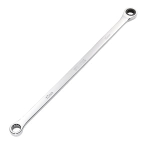 The Draper Hi-Torq® Metric Extra-Long Double Ring Ratchet Spanner, 12mm - 8231BSXLMM is a polished metal combination wrench made from chrome vanadium steel, featuring a closed, ratcheting ring on one end and an open ring on the other end.