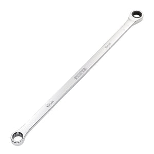 A Draper Hi-Torq® Metric Extra-Long Double Ring Ratchet Spanner with 13mm and 14mm ends, made from polished metal.