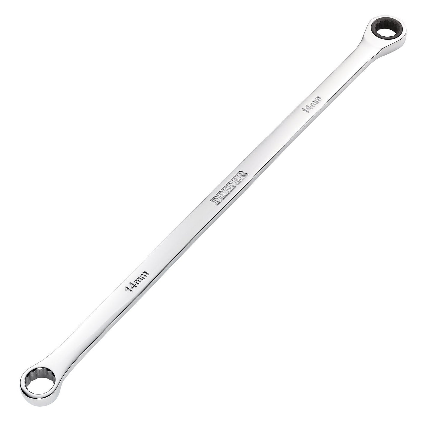 The Draper Hi-Torq® Metric Extra-Long Double Ring Ratchet Spanner, 14mm - 8231BSXLMM, features 12-point rings on both ends and offers enhanced reach.