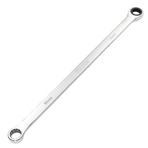 The Draper Hi-Torq® Metric Extra-Long Double Ring Ratchet Spanner, 16mm - 8231BSXLMM, with ends measuring 16mm and 18mm, is crafted from high-quality chrome vanadium steel and features a durable 90-tooth ratchet mechanism, viewed on a white background.