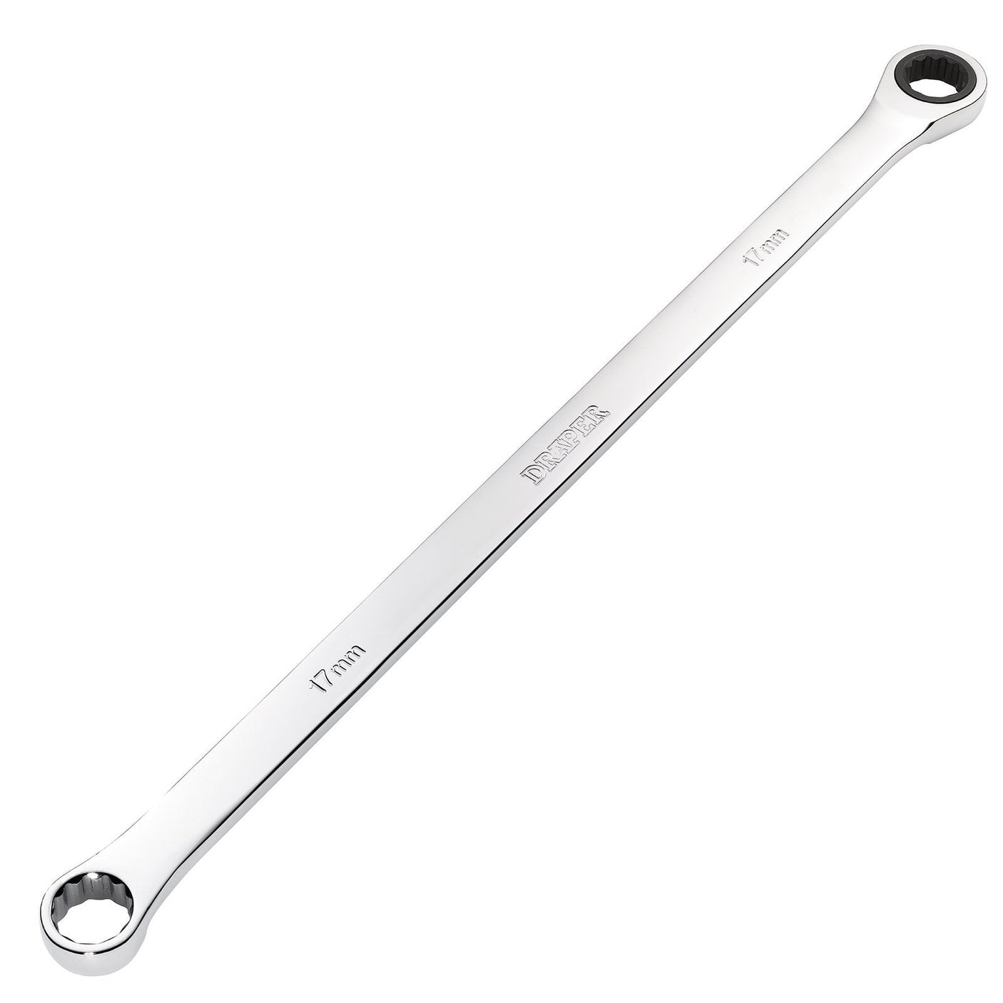 The Draper Hi-Torq® Metric Extra-Long Double Ring Ratchet Spanner, 17mm - 8231BSXLMM, is a double-ended spanner featuring 17mm sizes on both ends for versatile use.