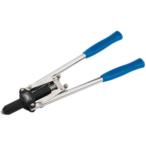 The Draper Long Arm Riveter - 269B from Draper, featuring blue spring-action handles and a metallic body with interchangeable nozzles, is ideal for fastening rivets.