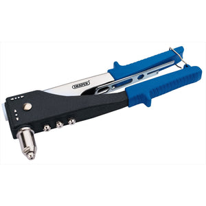 The Draper 2 Way Hand Riveter Kit - 268AKA by Draper features blue handles and a black and silver body, equipped with chrome molybdenum jaws and multiple nozzle attachments at the bottom.