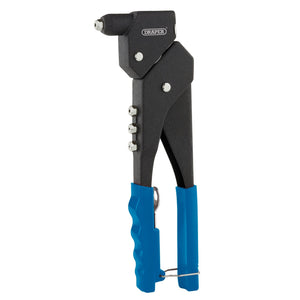 The Draper 360° Riveter - 279, a black and blue rivet gun by Draper, features a textured handle, multiple nozzle options, and an aluminum head for added durability.