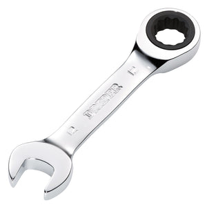 The Draper Hi-Torq® Metric Stubby Ratchet Combination Spanner, 12mm - 8230MMS, is a chrome-plated tool featuring an open-end on one side and a ratcheting box-end with a 90-tooth ratchet mechanism on the other, designed for precision and efficiency.