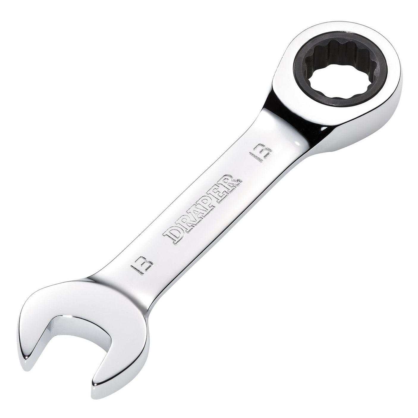 A Draper Hi-Torq® Metric Stubby Ratchet Combination Spanner, 13mm - 8230MMS, featuring a silver finish with an open-end and a ratcheting box-end. Crafted from durable chrome vanadium steel, it is labeled "DRAPER" and "13" on both sides to indicate its size and includes a 90-tooth ratchet mechanism for precise adjustments.