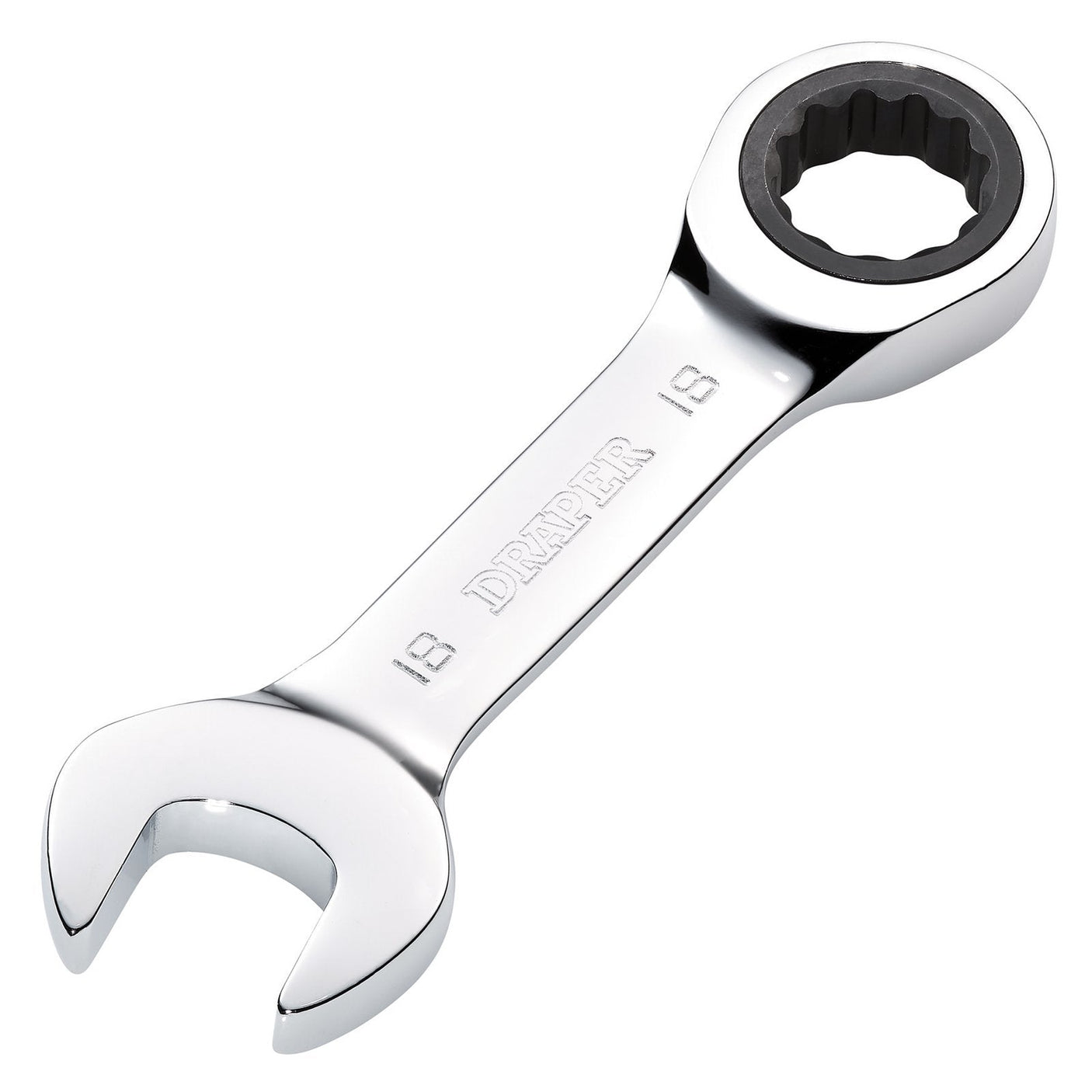 A silver combination wrench from the Draper Hi-Torq® Metric Stubby Ratchet series, marked with the number 18 on one side and featuring an open end on one side and a ring end on the other. Crafted from chrome vanadium steel for enhanced durability and reliability, this tool is specifically labeled as model 8230MMS.