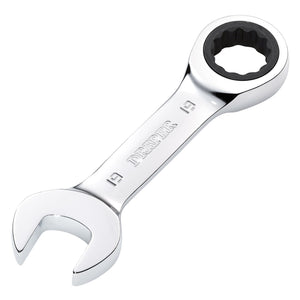 A Draper Hi-Torq® Metric Stubby Ratchet Combination Spanner, 19mm - 8230MMS, featuring an open-ended spanner on one side and a box-end ratchet on the other, with the word "DRAPER" engraved on the handle.