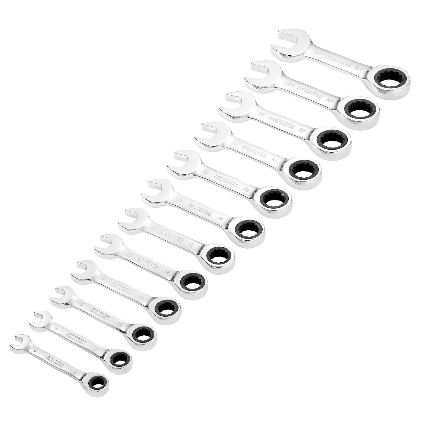 A set of twelve Draper Hi-Torq® Metric Stubby Ratchet Combination Spanners, arranged diagonally in ascending order of size.