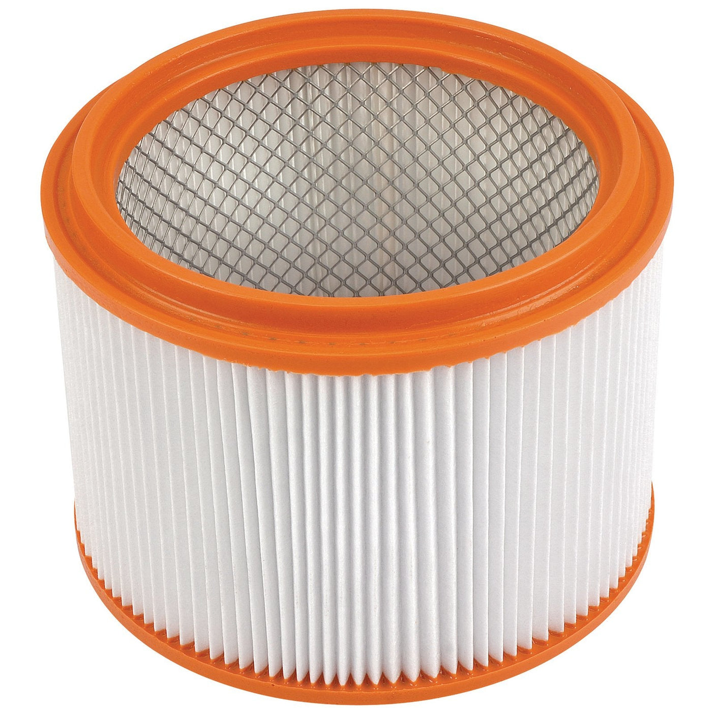 The Draper Hepa Cartridge Filter for SWD1100A - ASVC3 is a cylindrical air filter with an orange rim and a pleated white outer surface, featuring a metallic mesh interior.