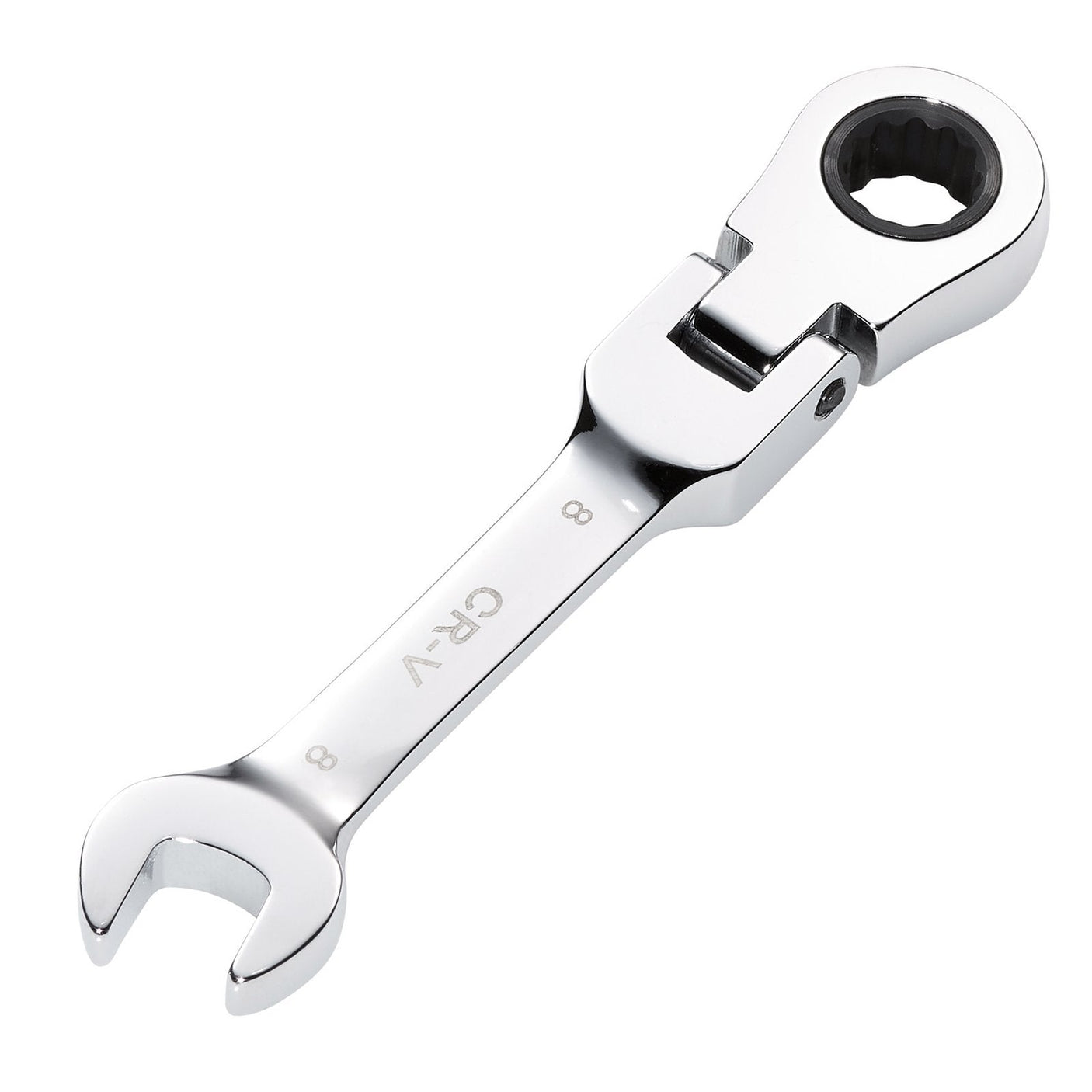 The Draper Hi-Torq® Metric Stubby Flexible Head Ratchet Combination Spanner, 8mm - 8230FMMBS, is a shiny silver wrench crafted from chrome vanadium steel. It features an open-end on one side and a 90-tooth ratcheting ring on the other, marked with the number 8 and CR-V.