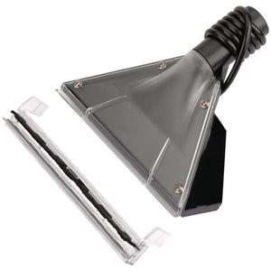 The Draper Shampoo Floor Nozzle For Swd1100A - ASVC11, featuring a clear, removable cleaning head and a black coiled hose, is displayed against a plain white background.