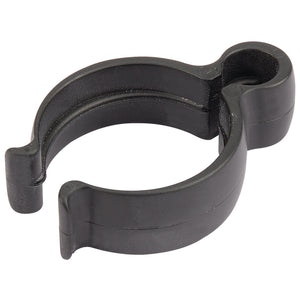 A Draper black plastic circular hose clip with an open end and a small loop at the top, specifically the Draper Hose Clips For Swd1100A - ASVC15 model.