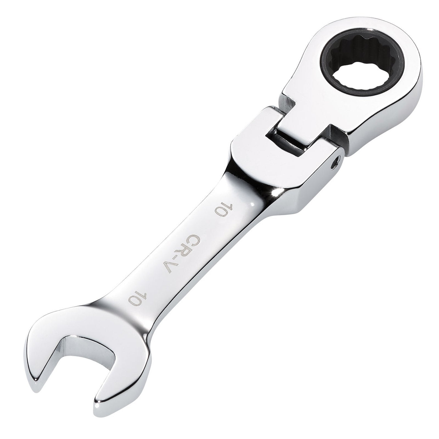 The Draper Hi-Torq® Metric Stubby Flexible Head Ratchet Combination Spanner, 10mm - 8230FMMBS, features a chrome vanadium steel construction with a 90-tooth ratchet mechanism on one side and an open-end on the other.