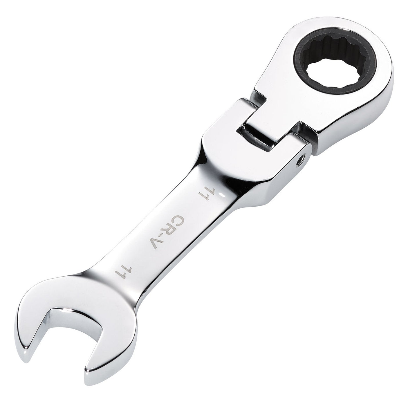 The Draper Hi-Torq® Metric Stubby Flexible Head Ratchet Combination Spanner, part of the HI-TORQ series, features an open end on one side and a ratcheting box end on the other, labeled with the size 11mm.