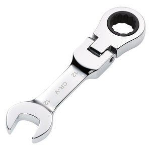 A Draper Hi-Torq® Metric Stubby Flexible Head Ratchet Combination Spanner, 12mm - 8230FMMBS, featuring a chrome-plated box end and an open-end design.