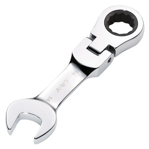 A shiny metallic Draper Hi-Torq® Metric Stubby Flexible Head Ratchet Combination Spanner with a 90-tooth ratchet mechanism and an open crescent and closed loop on the ends. The size "14mm" and the word "CRV" are etched on the chrome vanadium steel handle, ensuring durability and strength for any job.