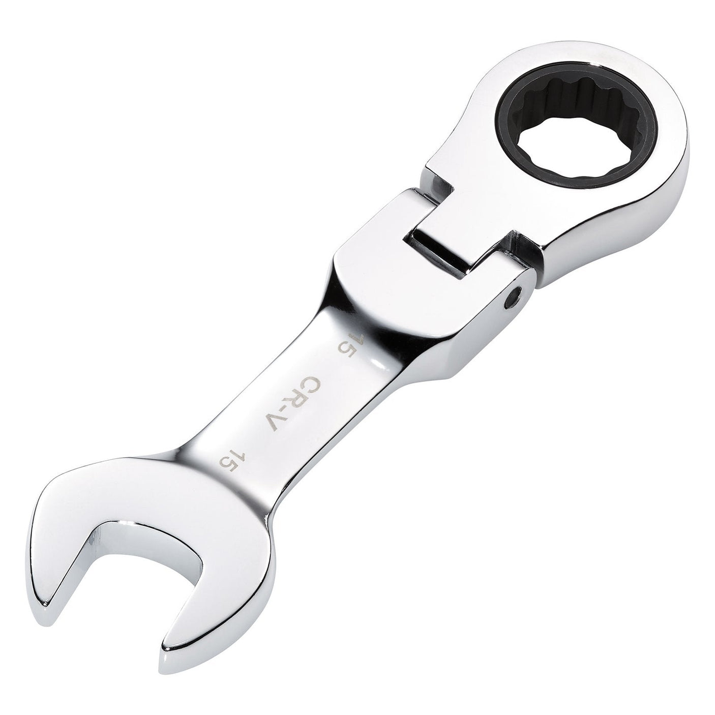 A Draper Hi-Torq® Metric Stubby Flexible Head Ratchet Combination Spanner, 15mm - 8230FMMBS, is a silver open-end wrench crafted from durable chrome vanadium steel and features a HI-TORQ® ratcheting mechanism on the opposite end.