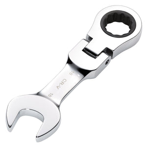 A Draper Hi-Torq® Metric Stubby Flexible Head Ratchet Combination Spanner, 18mm - 8230FMMBS, features a chrome vanadium steel construction with an open-end on one side and a 90-tooth ratchet box end on the other, labeled with "GRV" and the size "18".