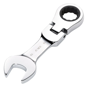 A Draper Hi-Torq® Metric Stubby Flexible Head Ratchet Combination Spanner, chrome-plated with an open-end on one side and a ratcheting box-end on the other. The size "19mm" and "CRV" are engraved on the handle.