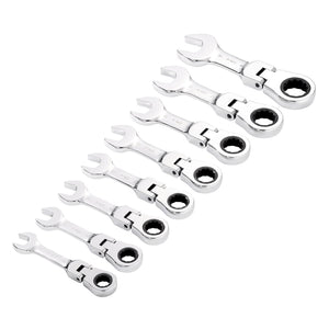 An 8-piece set of Draper Hi-Torq® Metric Stubby Flexible Head Ratchet Combination Spanners (Product Code: 8230FMMBS/8), arranged in descending order of size, featuring 90-tooth ratchets for precision.