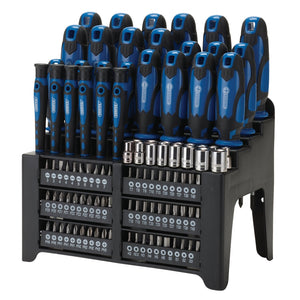 The Draper Screwdriver and Bit Set, Blue (103 Piece) - 864/103/B, includes a variety of screwdrivers, sockets, and bits all organized on a stand and labeled for easy identification.