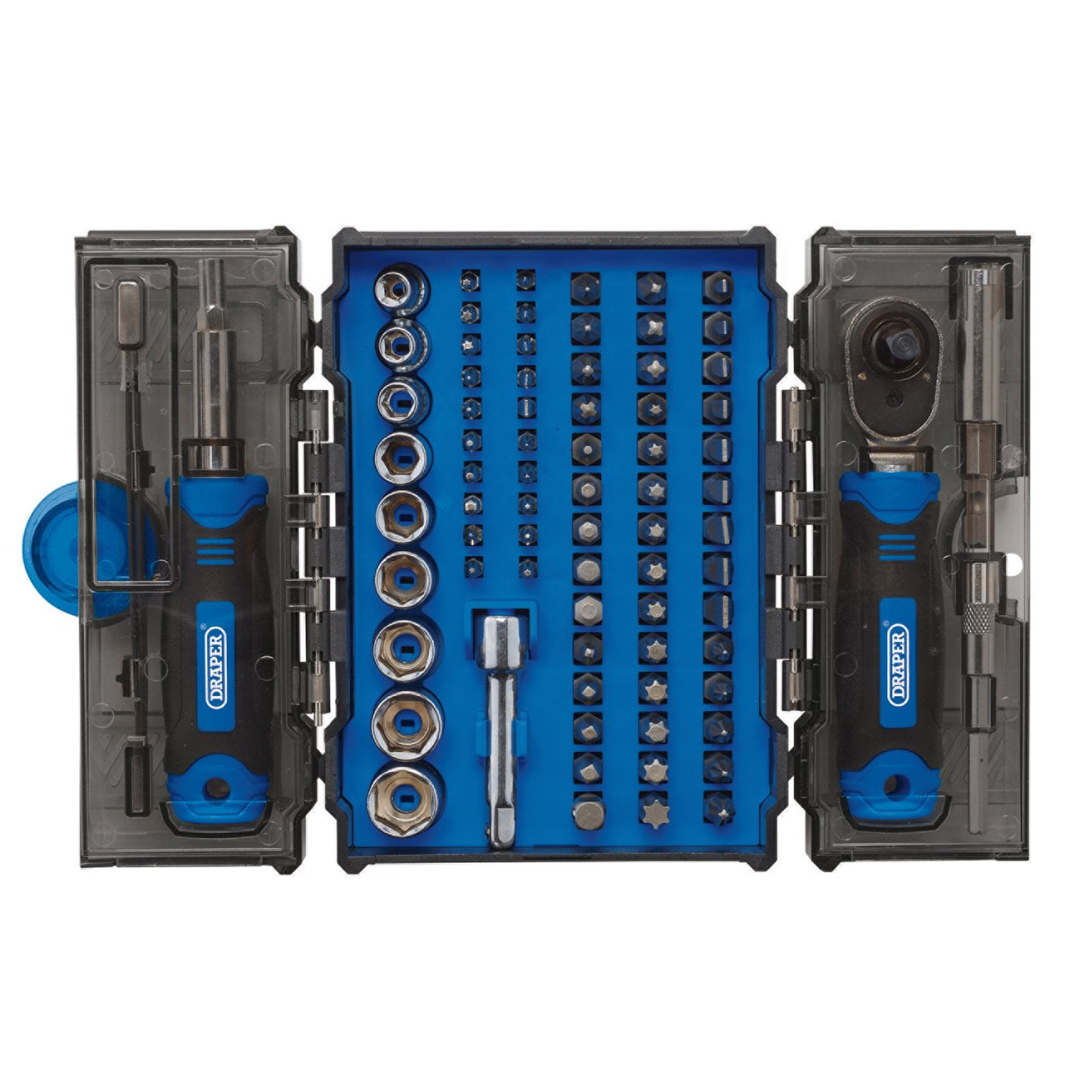 Open the Draper Ratchet And Screwdriver Bit Set (78 Piece) - RBS78, which includes 76 sockets and bits, and two screwdrivers crafted from durable chrome vanadium steel, all neatly arranged in a blue and black case.