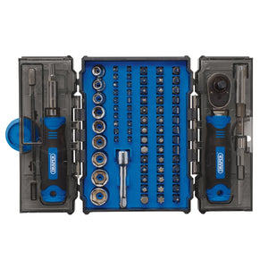 Open the Draper Ratchet And Screwdriver Bit Set (78 Piece) - RBS78, which includes 76 sockets and bits, and two screwdrivers crafted from durable chrome vanadium steel, all neatly arranged in a blue and black case.