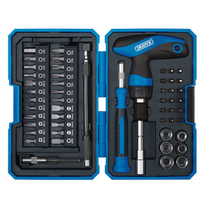 The Draper T-Handle Ratchet Screwdriver Set (53 Piece) - TRBS53, featuring various screwdriver bits, sockets, and a precision screwdriver handle made from chrome vanadium steel, is neatly organized in a blue plastic case.