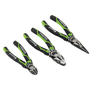 A set of three Draper Expert High Leverage pliers with carbon steel construction and black and green handles, displayed in a row on a white background.