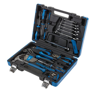 Open the Draper Tool Kit, Blue (58 Piece) - TK58/BL, containing an assortment of blue and black hand tools like screwdrivers, wrenches, and pliers, all organized in designated slots. Perfect for the DIY enthusiast, this 58-piece tool kit from Draper ensures you have everything you need for any project.