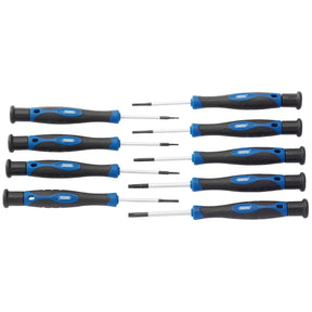 The Draper Tx-Star® Precision Screwdriver Set (9 Piece) - PSS9TX features eight high-quality precision screwdrivers with black and blue handles, each offering various lengths and screw head types, and equipped with durable chrome vanadium tips.